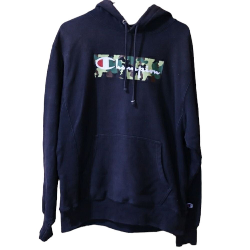 Champion Reverse Weave Vintage Y2K 90s Black & Camo Logo Hoodie LG